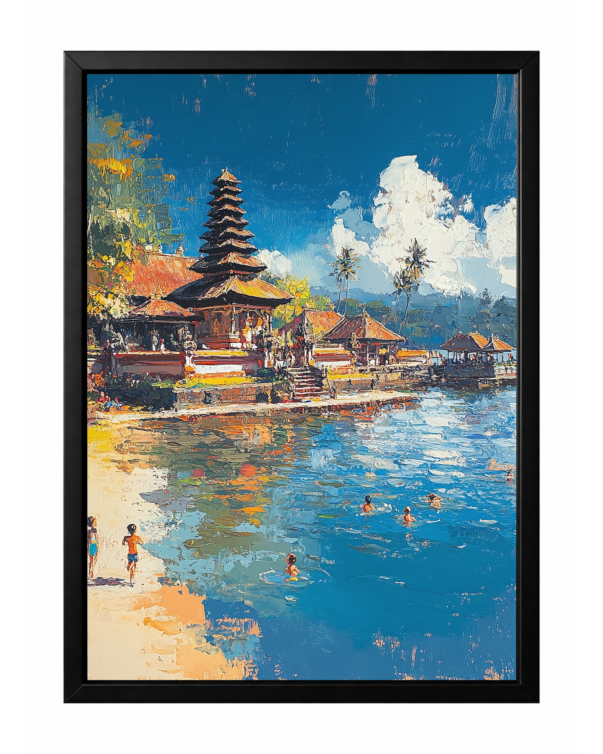 Coastal temple wall art showing traditional seaside architecture, bright blue water, and swimmers along a sunlit tropical shore.
