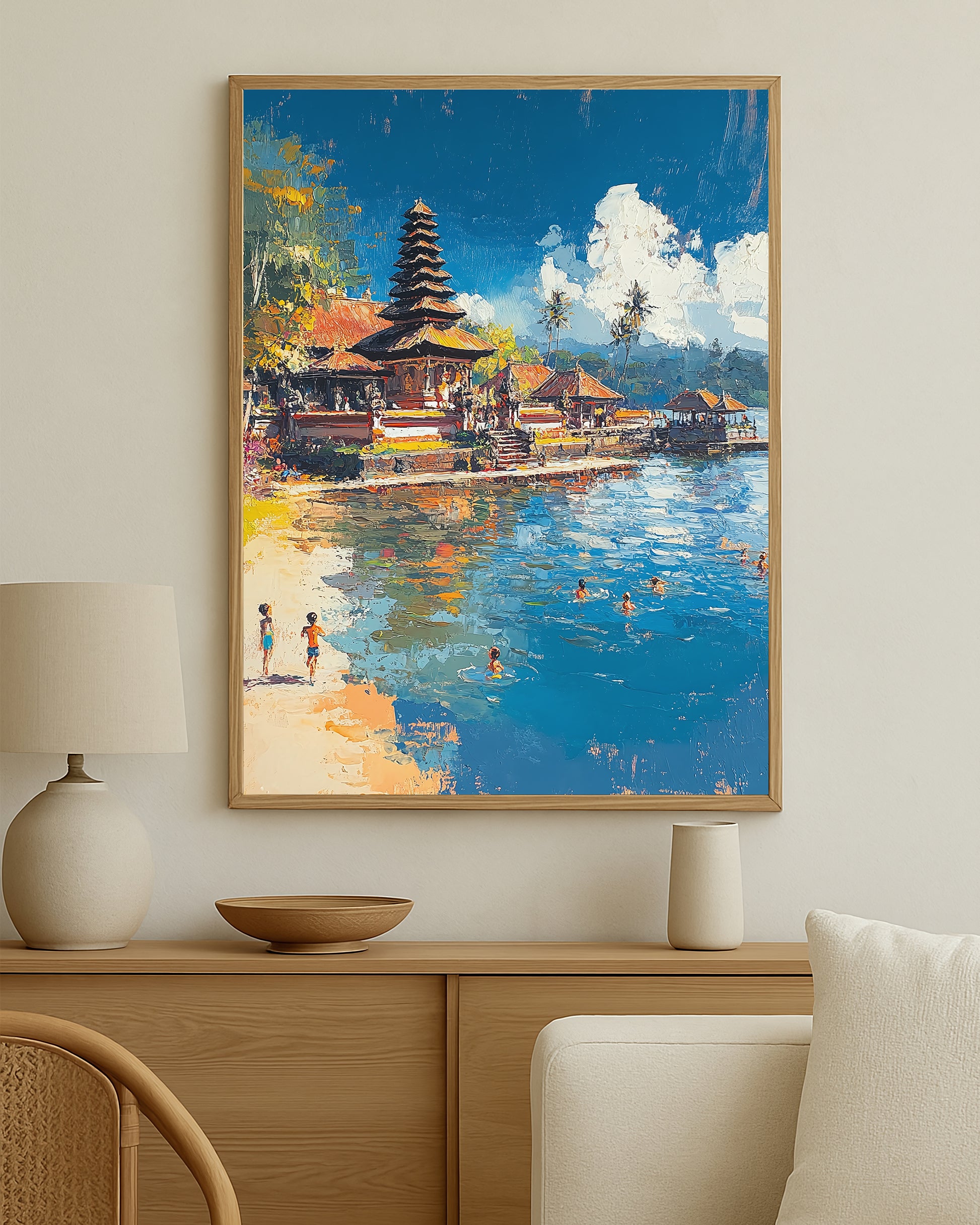 Travel-inspired coastal artwork featuring a temple by the water, reflective shoreline, palm trees, and vivid blue sky.