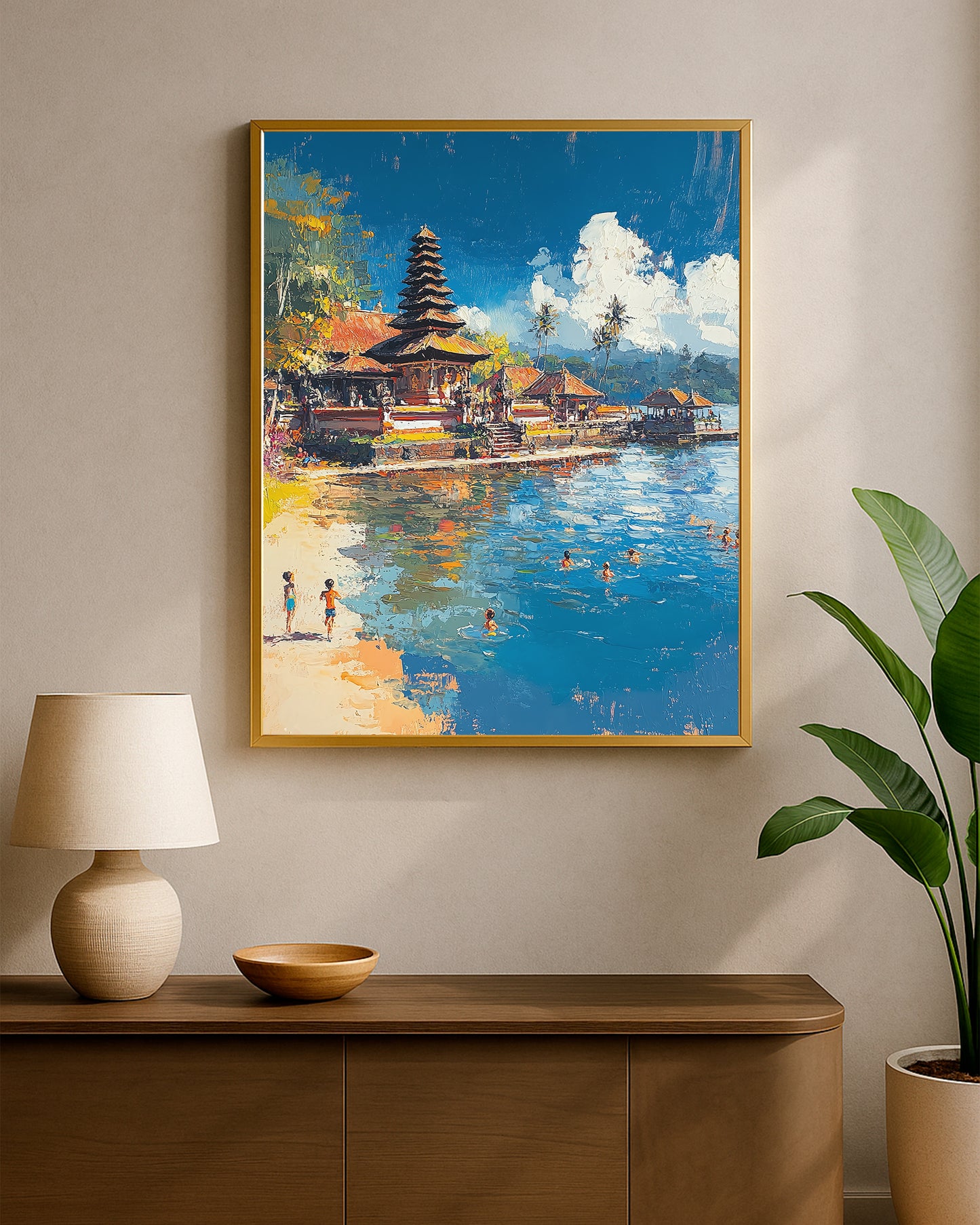 Painterly beach and temple landscape with bright turquoise water, sunlit architecture, and people enjoying the shoreline.