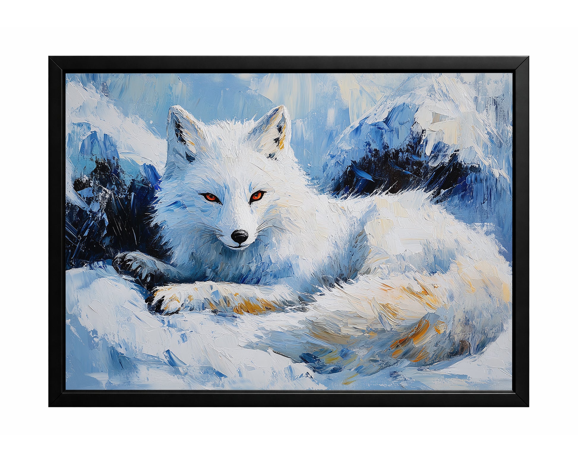 Arctic fox wall art with a white fox resting in snow against icy blue mountain peaks