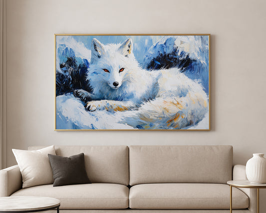 Textured winter wildlife artwork featuring a white fox with amber eyes in a snowy landscape