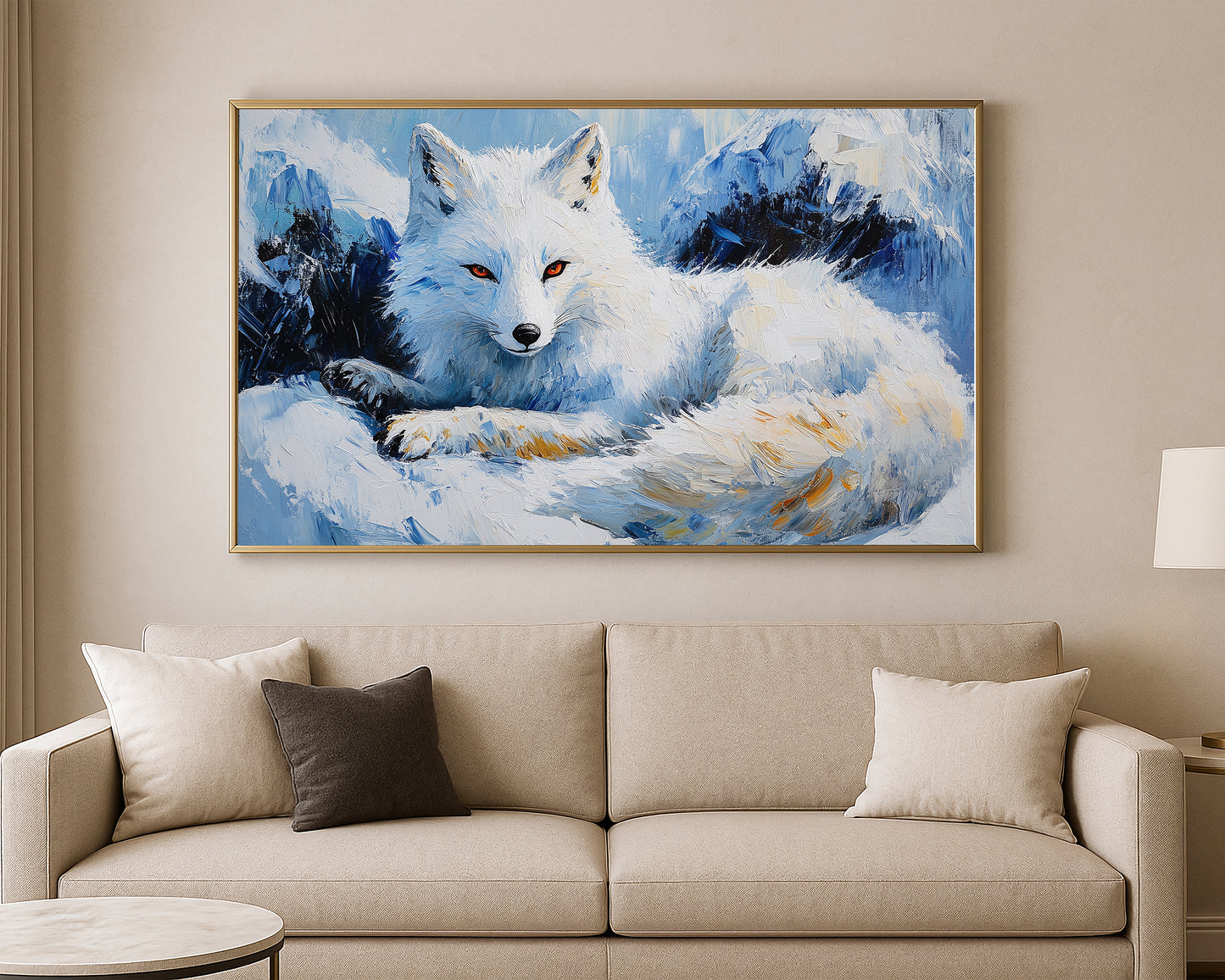Nature wall art print of an arctic fox lying in snow with blue, white, and ivory tones