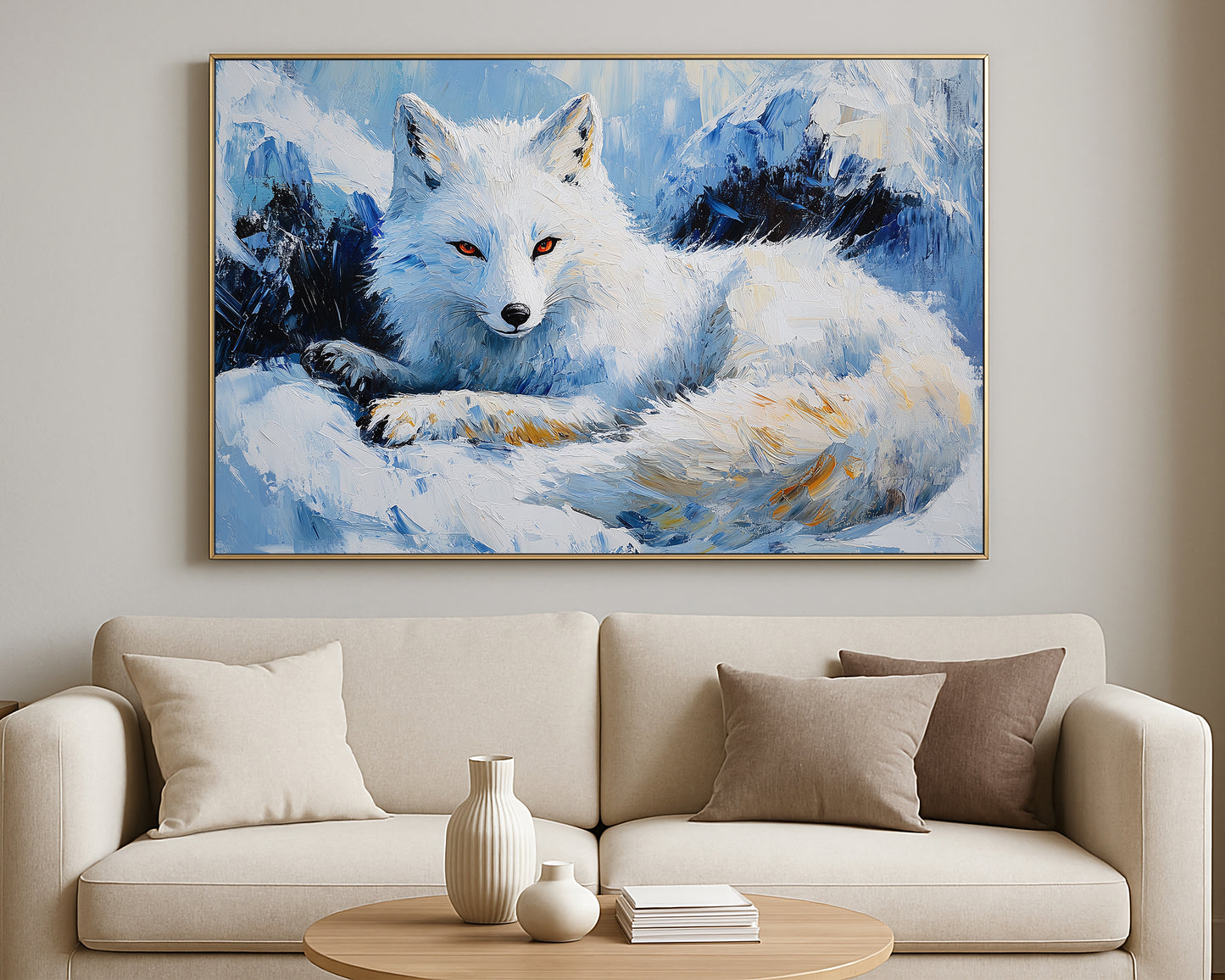 Contemporary animal artwork showing a white fox in a cold mountain setting with thick brushstrokes