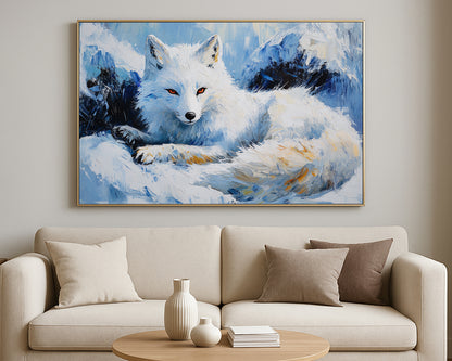 Contemporary animal artwork showing a white fox in a cold mountain setting with thick brushstrokes