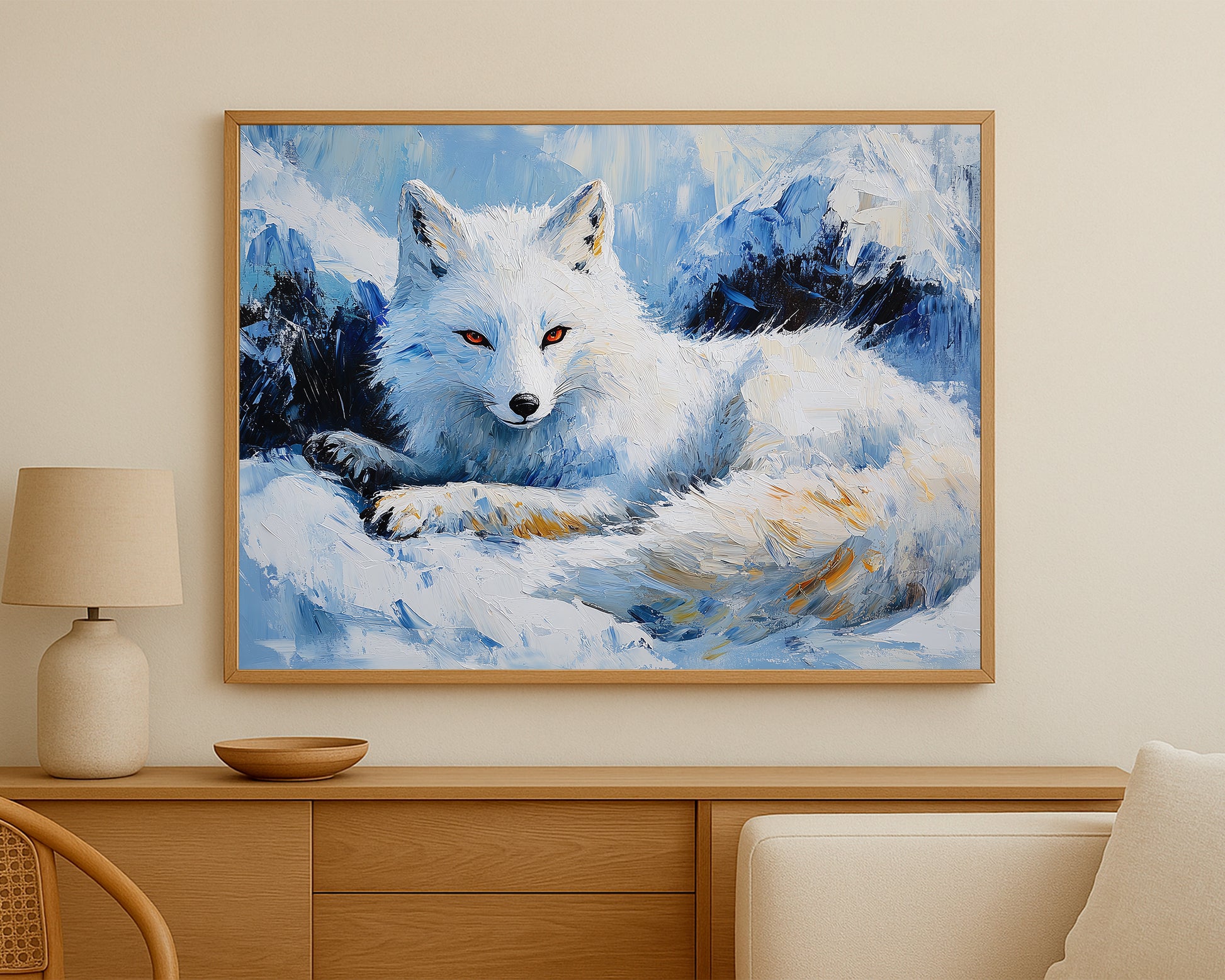 Snowy fox wall decor with painterly texture and cool-toned winter colors