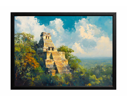 Mayan temple landscape wall art with a stepped stone temple rising above lush green jungle beneath a bright blue sky