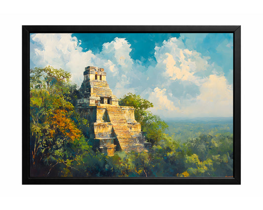 Mayan temple landscape wall art with a stepped stone temple rising above lush green jungle beneath a bright blue sky