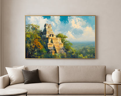 Textured historic landmark artwork featuring an ancient temple surrounded by tropical foliage and large painterly clouds