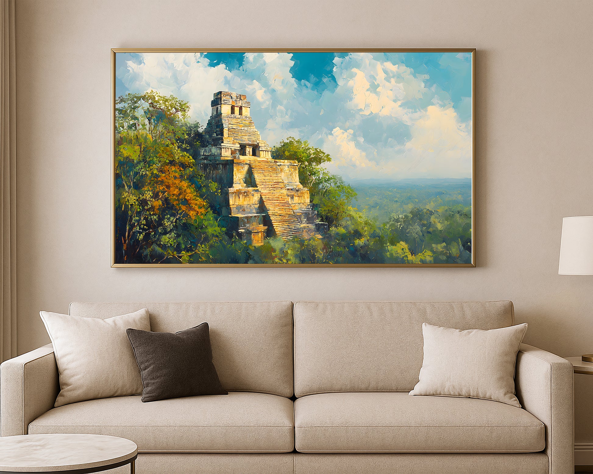 Scenic wall art print showing a Mayan-style temple in a vibrant jungle landscape with warm stone and vivid green tones