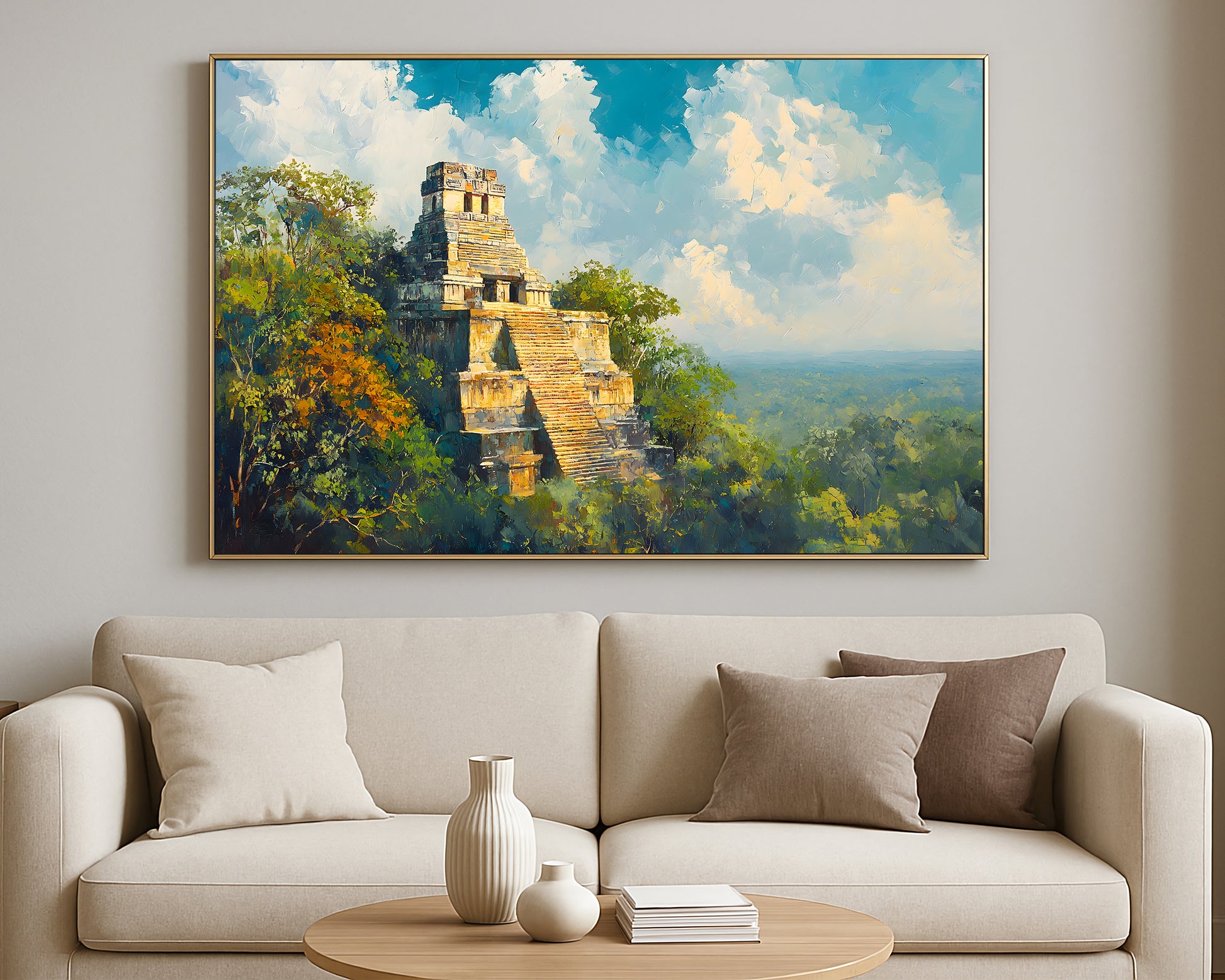 Travel-inspired architectural landscape artwork with ancient ruins, dense greenery, and a dramatic blue sky
