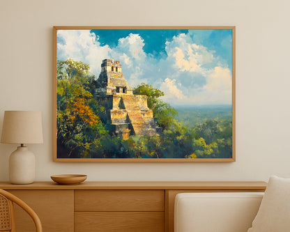 Contemporary wall decor featuring a jungle temple scene with layered texture, bright clouds, and rich natural color