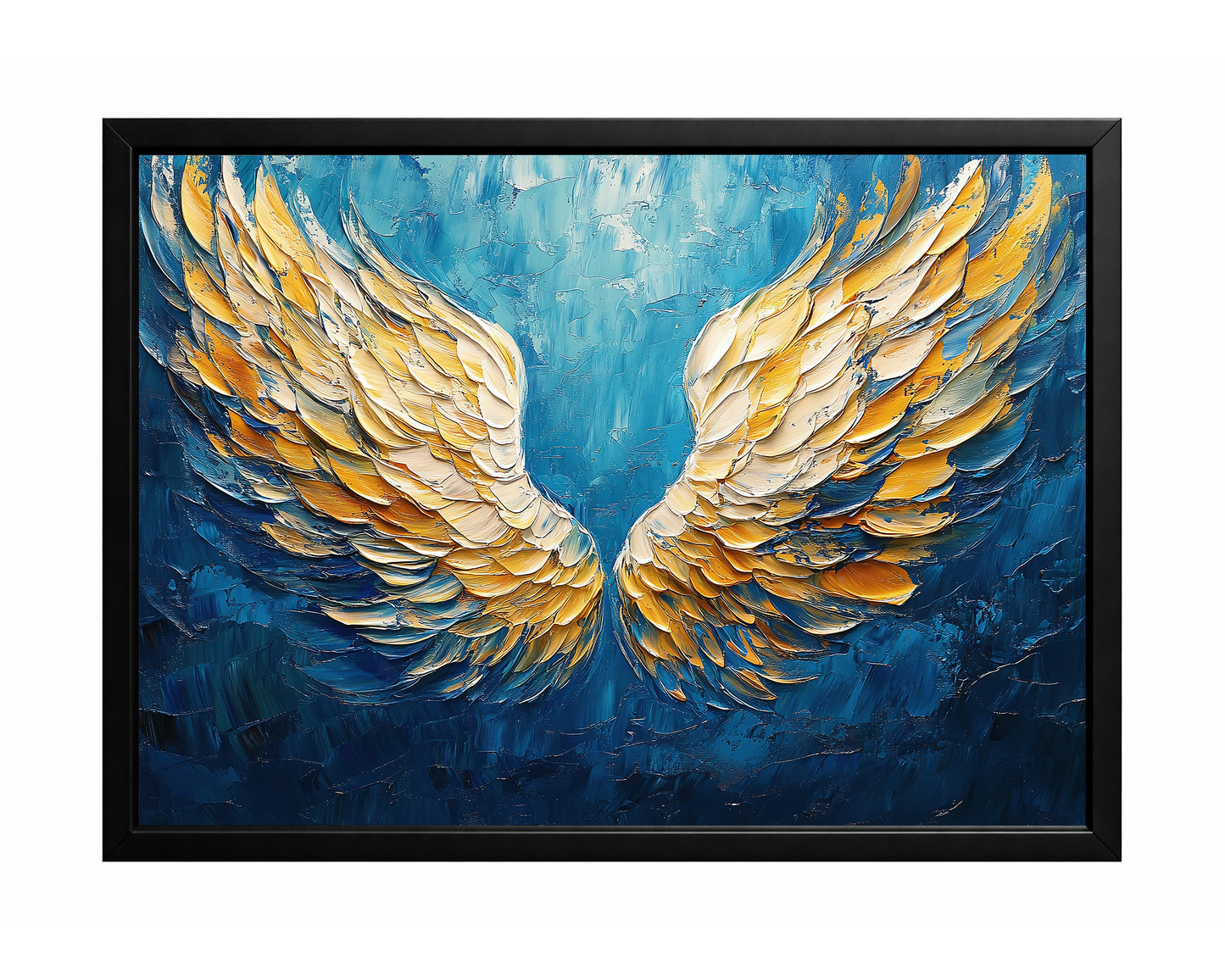 Blue and gold angel wings wall art with layered feather texture on a rich cobalt and teal background.