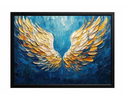 Blue and gold angel wings wall art with layered feather texture on a rich cobalt and teal background.