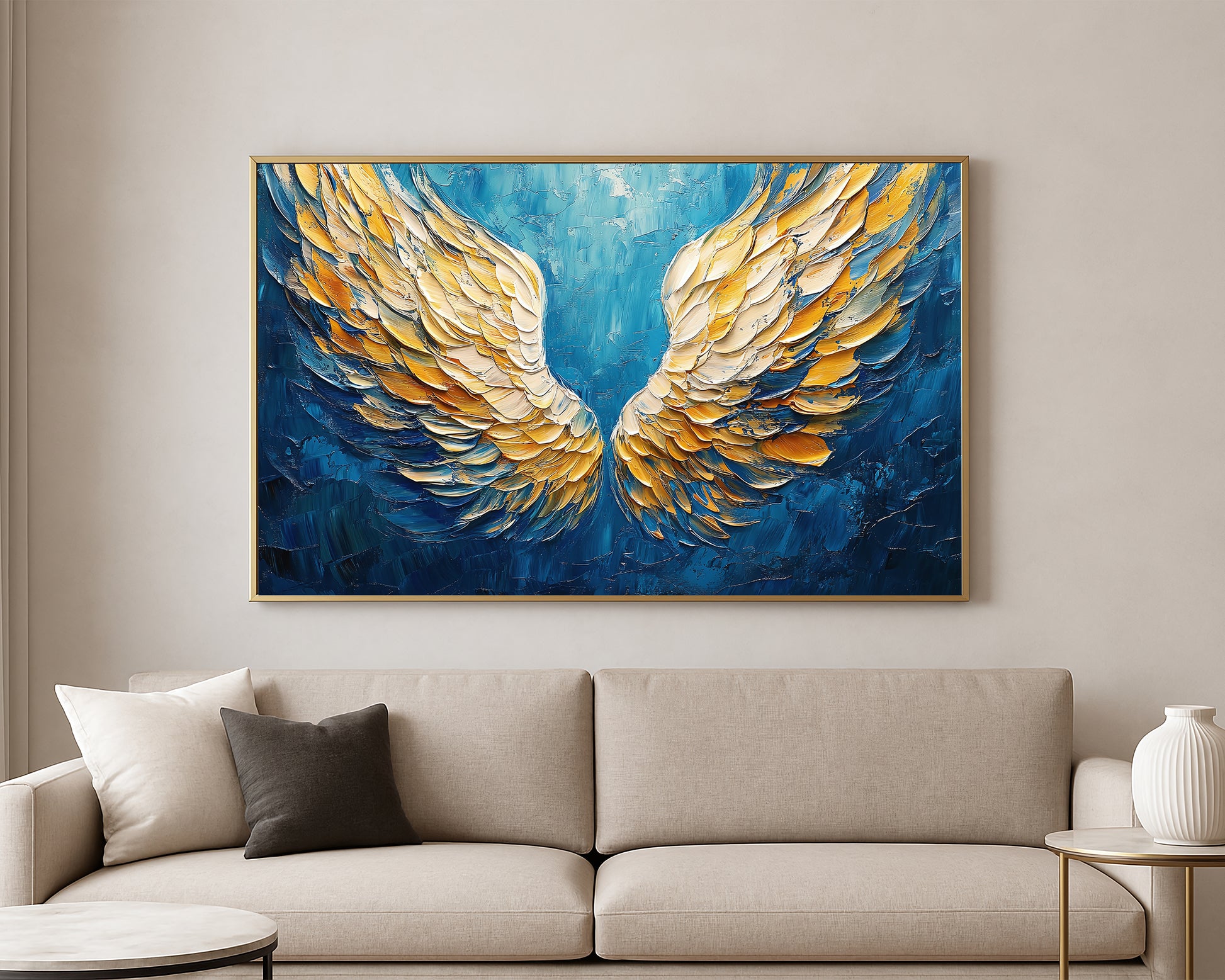 Textured angel wings painting with sculpted cream and gold feathers centered on a deep blue abstract background.