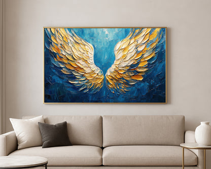 Textured angel wings painting with sculpted cream and gold feathers centered on a deep blue abstract background.