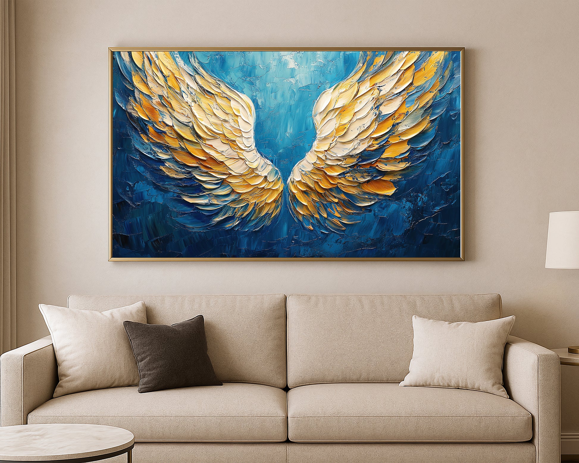 Elegant spiritual wall art showing symmetrical gold and ivory wings with cool blue highlights on a moody blue surface.