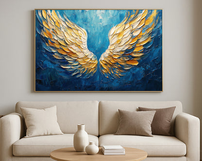 Angel wings art print with layered white and gold feathers framed by vivid blue tones and expressive textured brushwork.