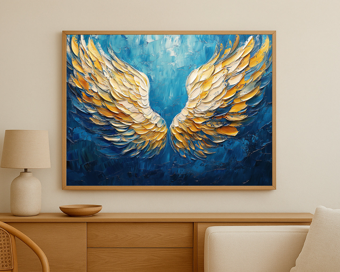 Decorative wing artwork featuring ivory and gold feathers with blue accents against a bold textured blue backdrop.