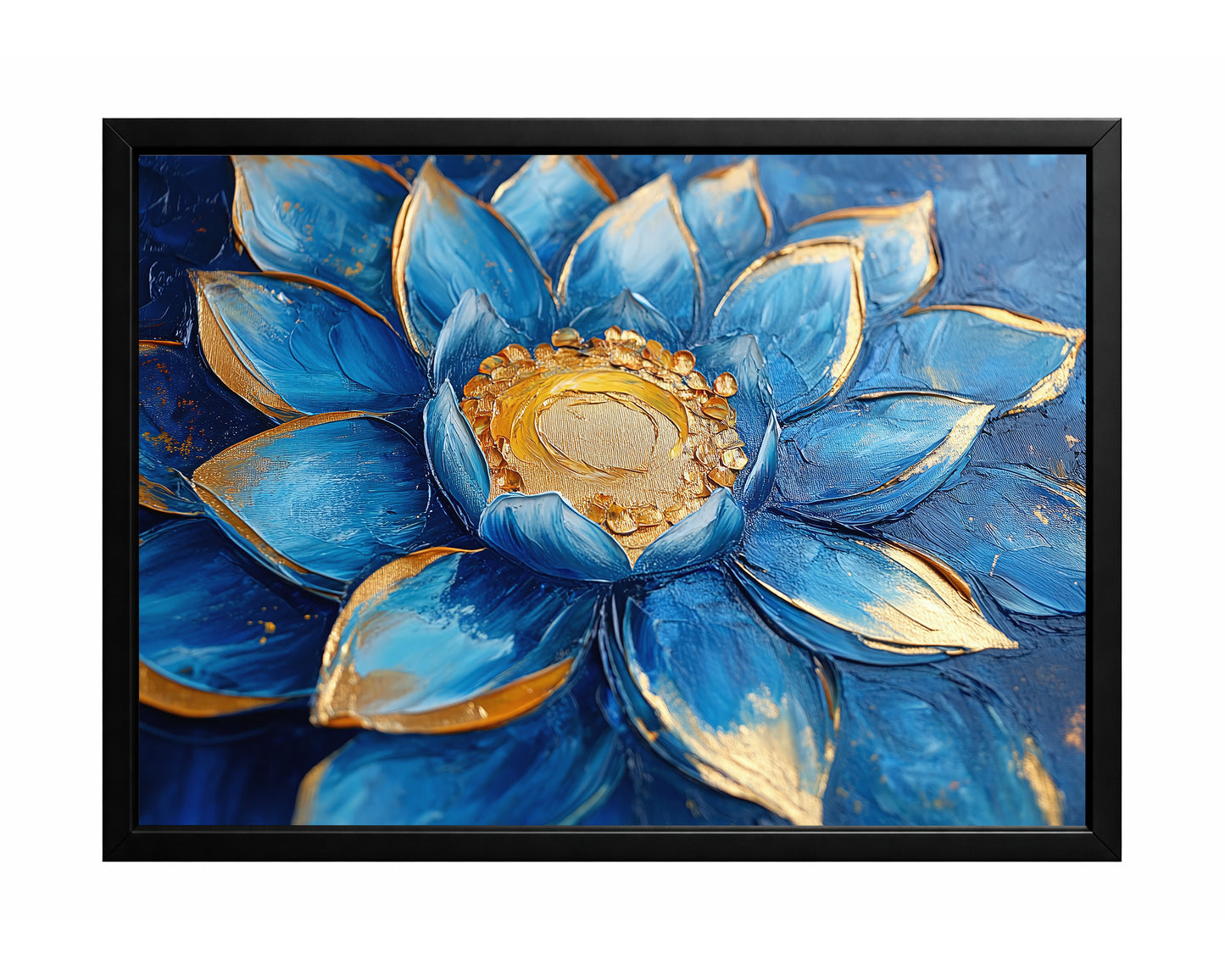 Blue lotus flower with layered petals and a textured gold center on a deep cobalt background.