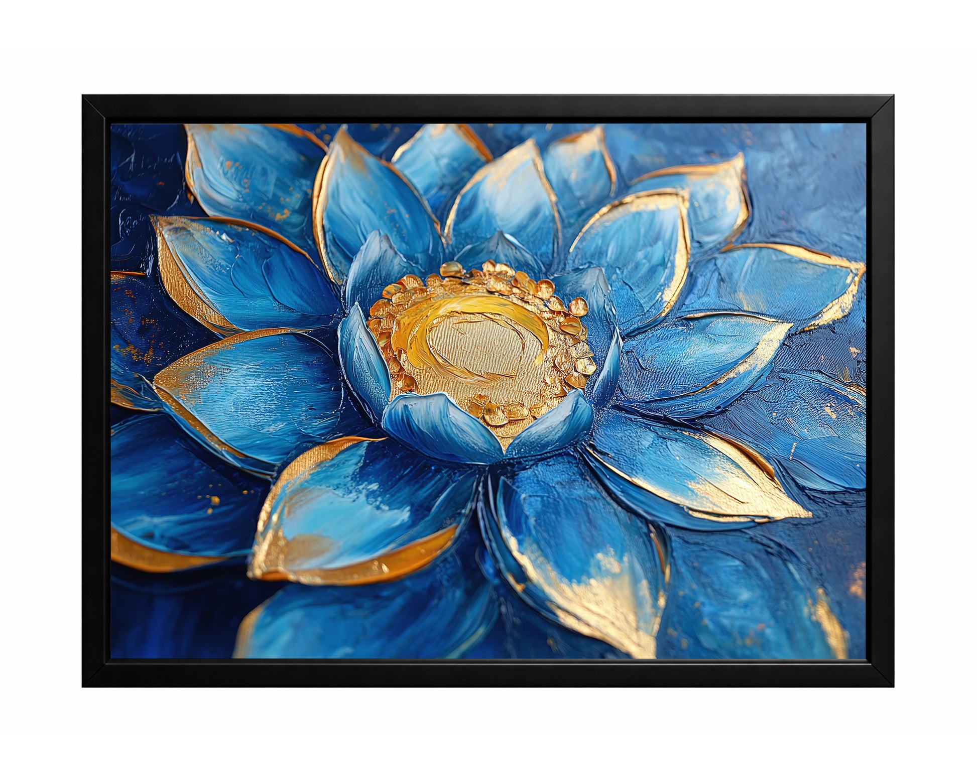 Blue lotus flower with layered petals and a textured gold center on a deep cobalt background.