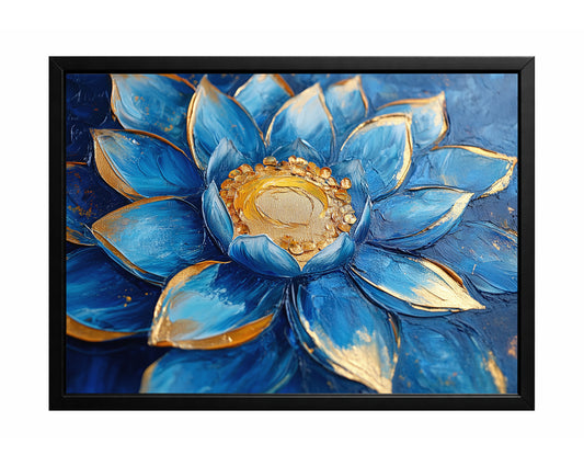Blue lotus flower with layered petals and a textured gold center on a deep cobalt background.