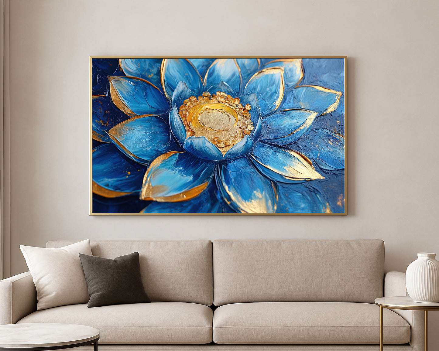 Close-up floral wall art featuring vivid blue petals with metallic gold accents and a raised golden center.