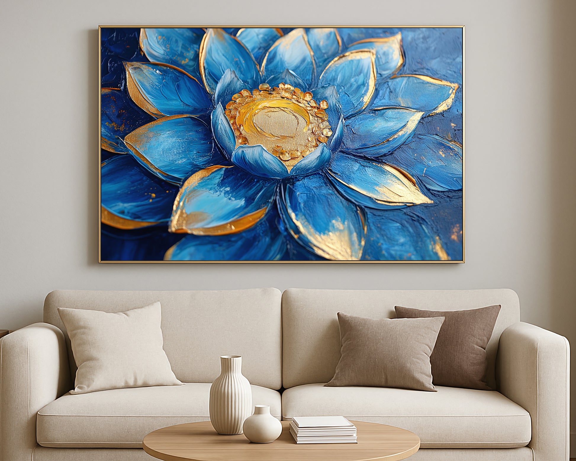 Decorative blue flower artwork with sculpted petals, gold highlights, and a bold textured background.