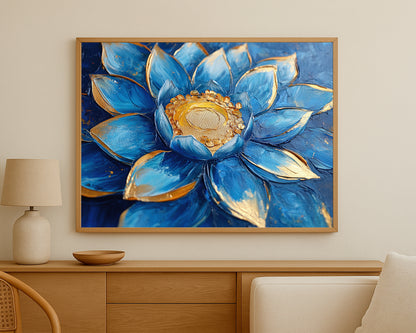 Elegant lotus wall art showing layered sapphire blue petals and a metallic gold center in a dramatic close-up composition.