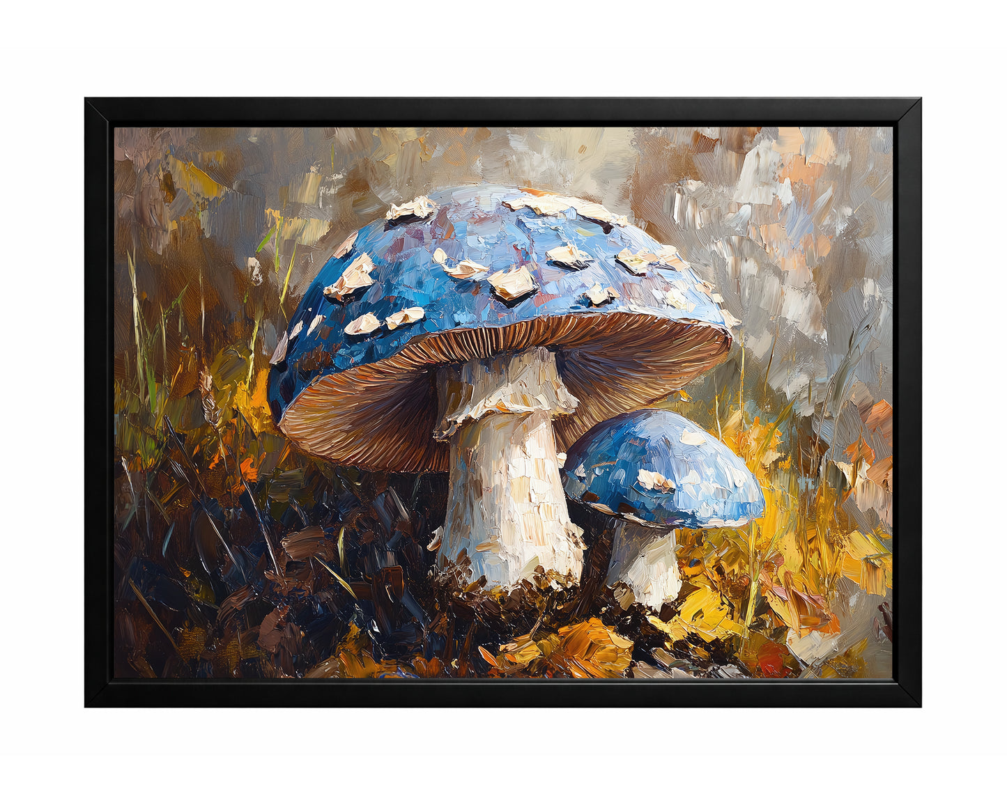 Two blue mushrooms with textured caps and pale stems growing among golden grass and earthy foliage.