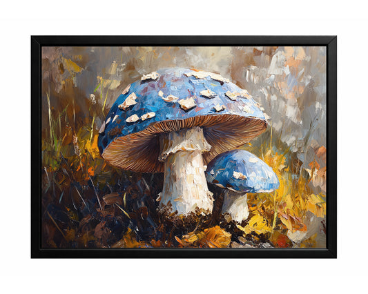 Two blue mushrooms with textured caps and pale stems growing among golden grass and earthy foliage.