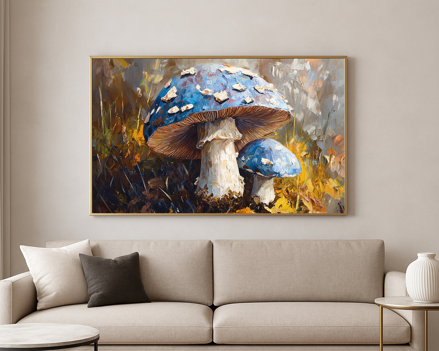 Close-up mushroom wall art featuring a large blue-capped mushroom beside a smaller one in a warm woodland setting.