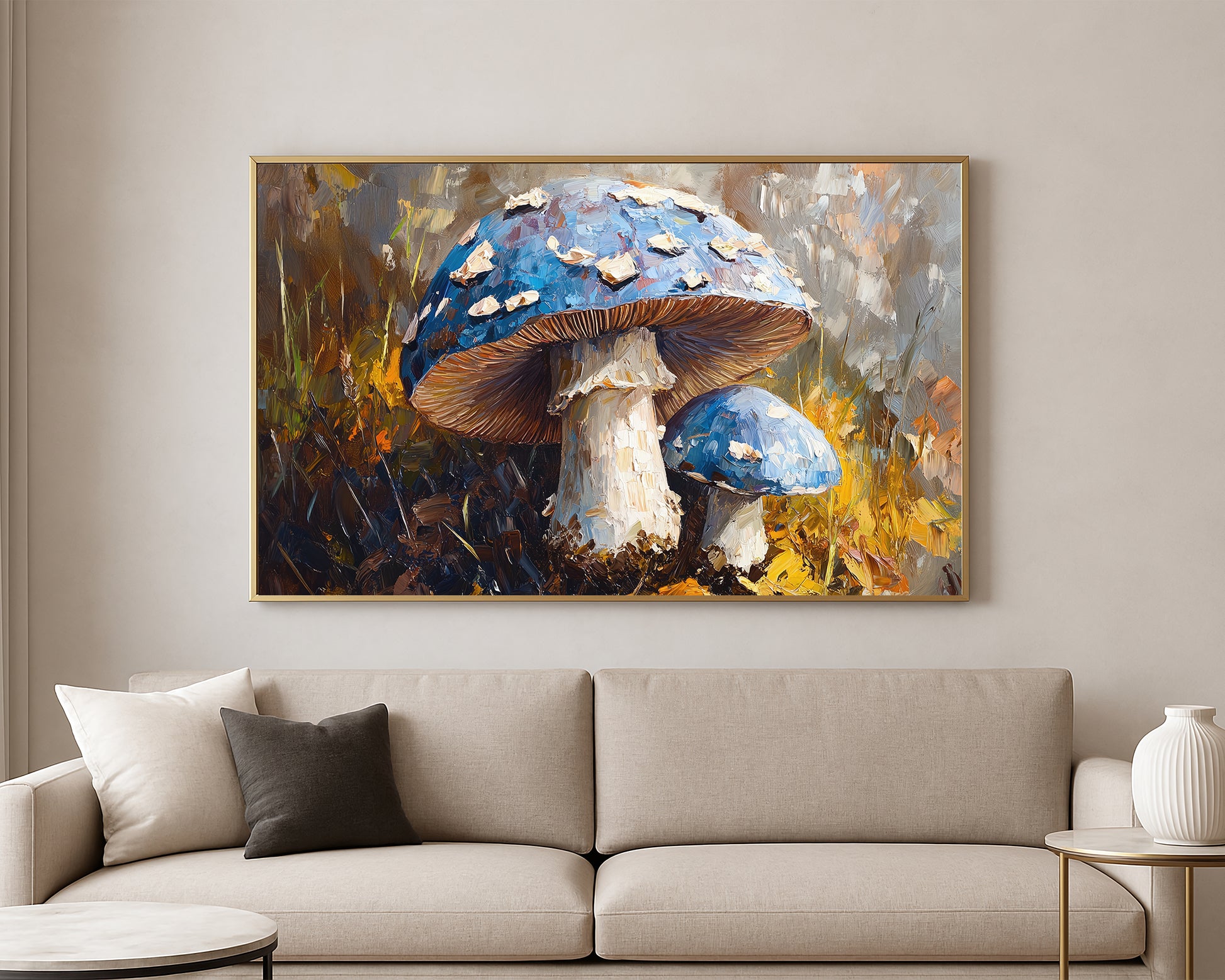 Close-up mushroom wall art featuring a large blue-capped mushroom beside a smaller one in a warm woodland setting.
