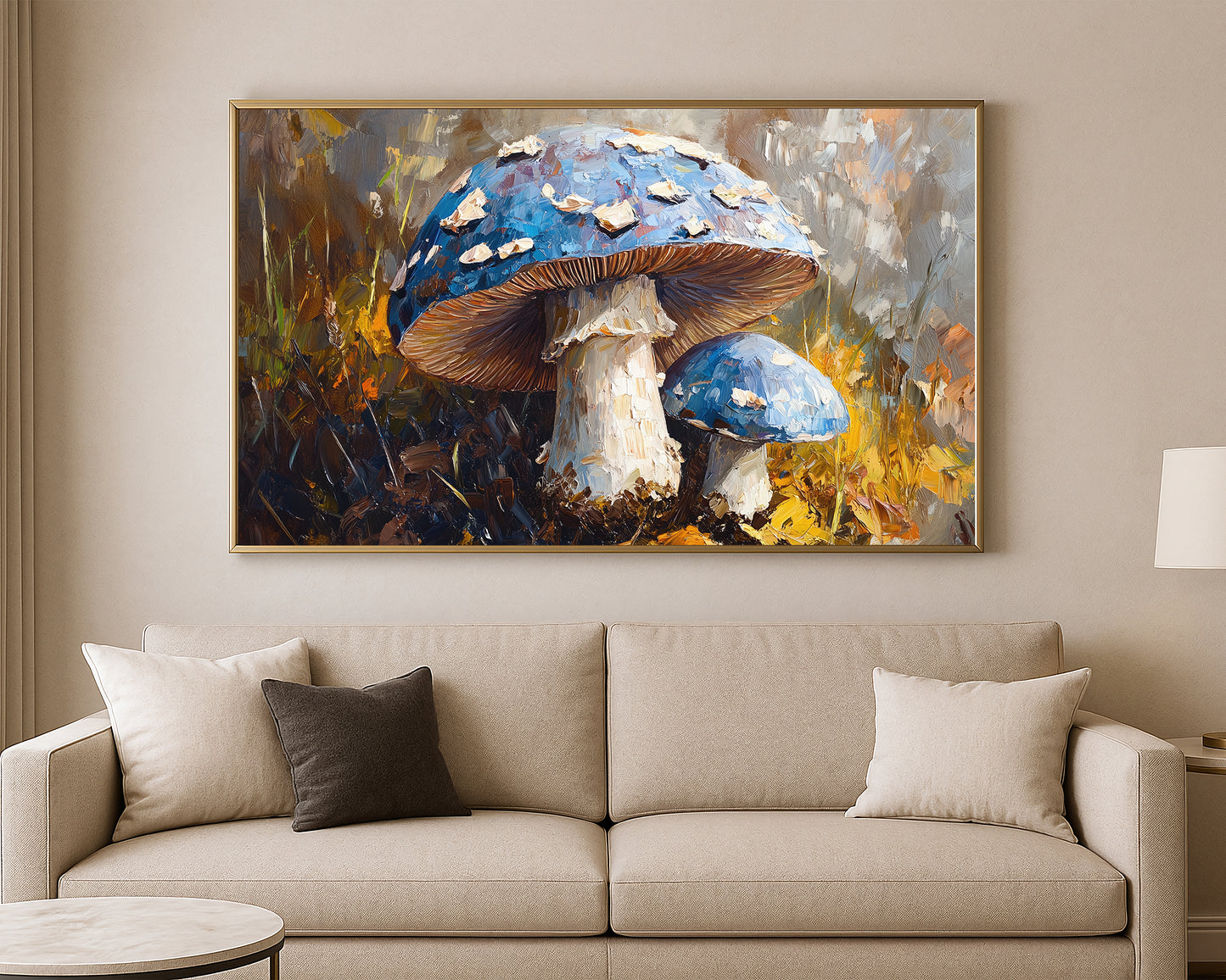 Textured forest artwork of blue mushrooms with cream stems surrounded by autumn grasses and rich brown earth tones.