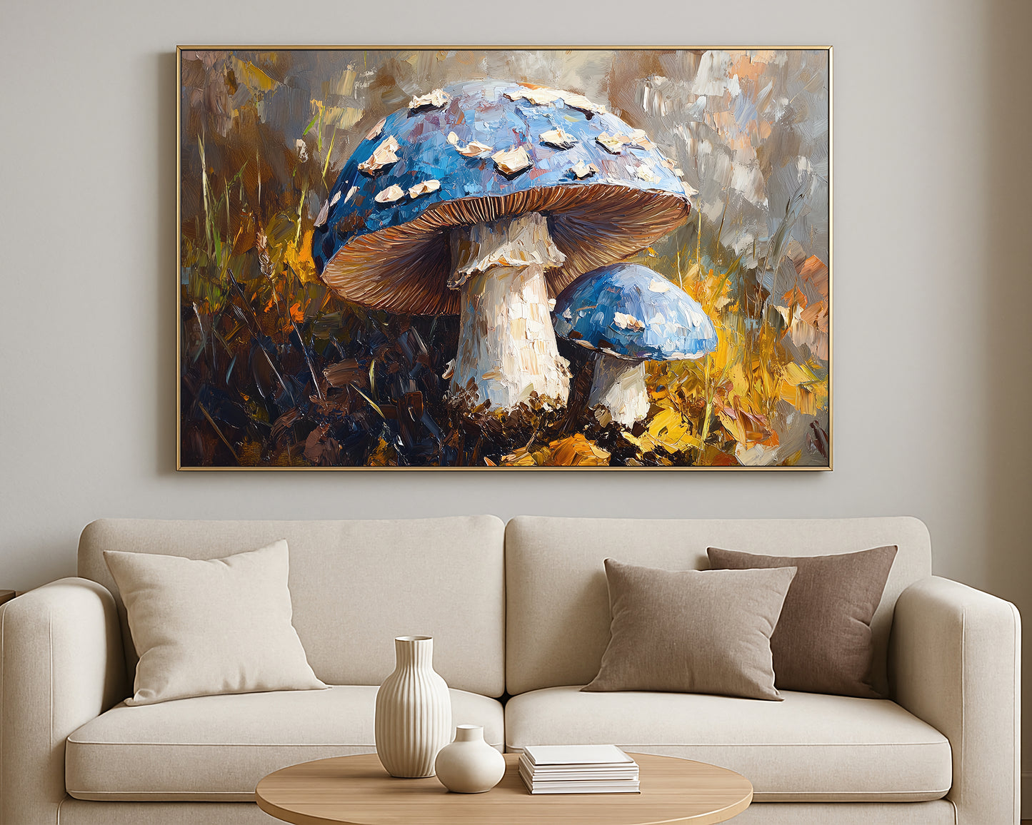 Painterly mushroom scene showing two blue toadstools with layered brushstrokes against a soft natural background.