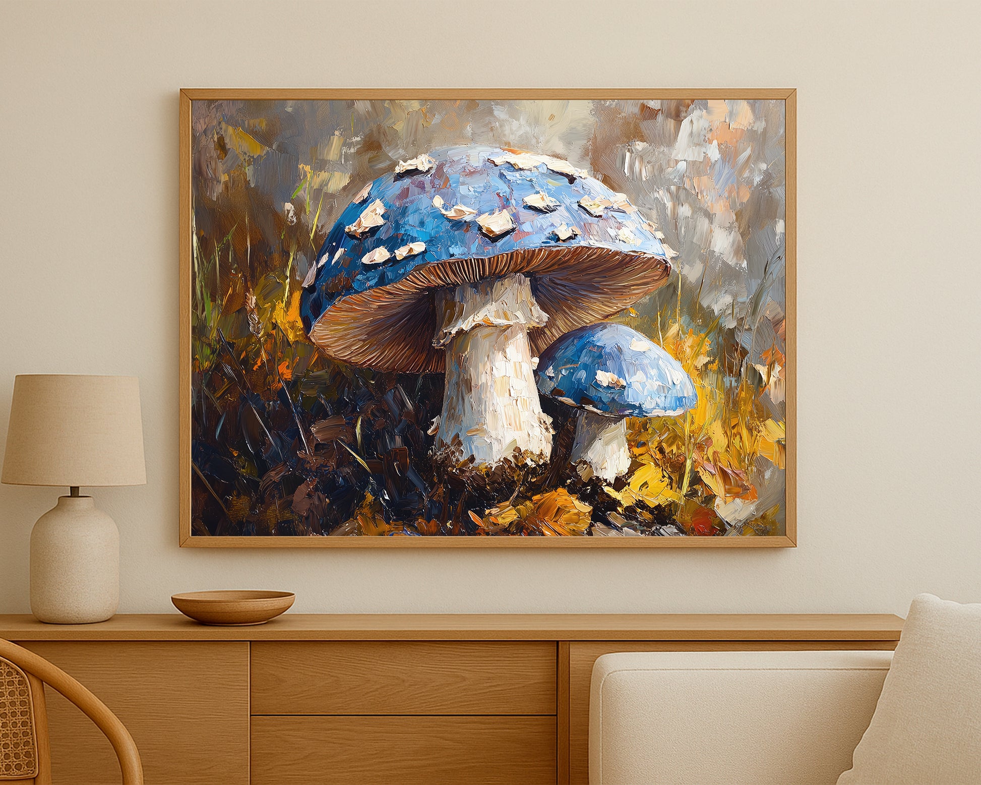 Woodland mushroom painting with vibrant blue caps, warm golden grasses, and expressive earthy textures.
