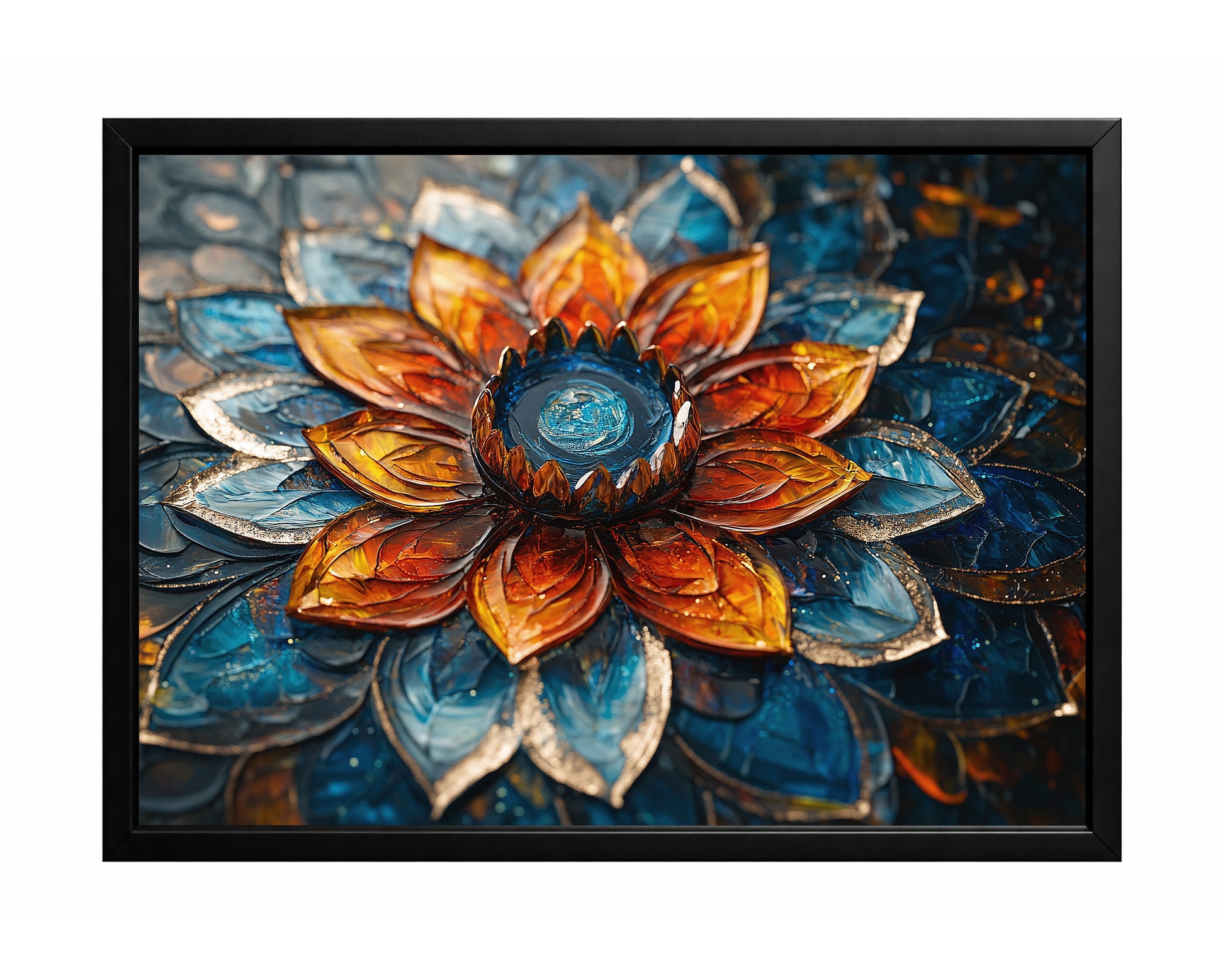 Decorative lotus flower artwork with amber inner petals, deep blue outer petals, and a luminous glass-like center.
