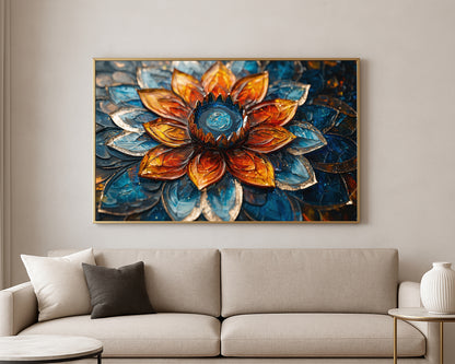 Close-up lotus wall art featuring layered orange and blue petals with metallic edges around a glossy blue center.