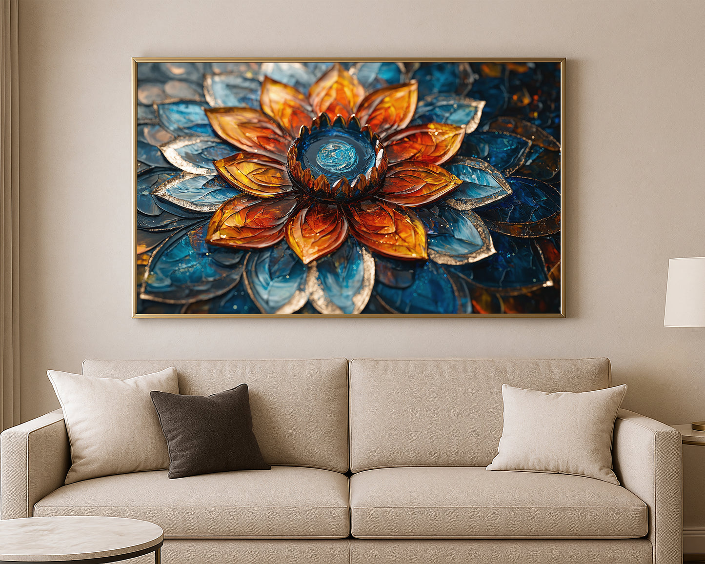 Textured floral artwork of a stylized lotus in warm amber and cool sapphire tones on a dark blue background.