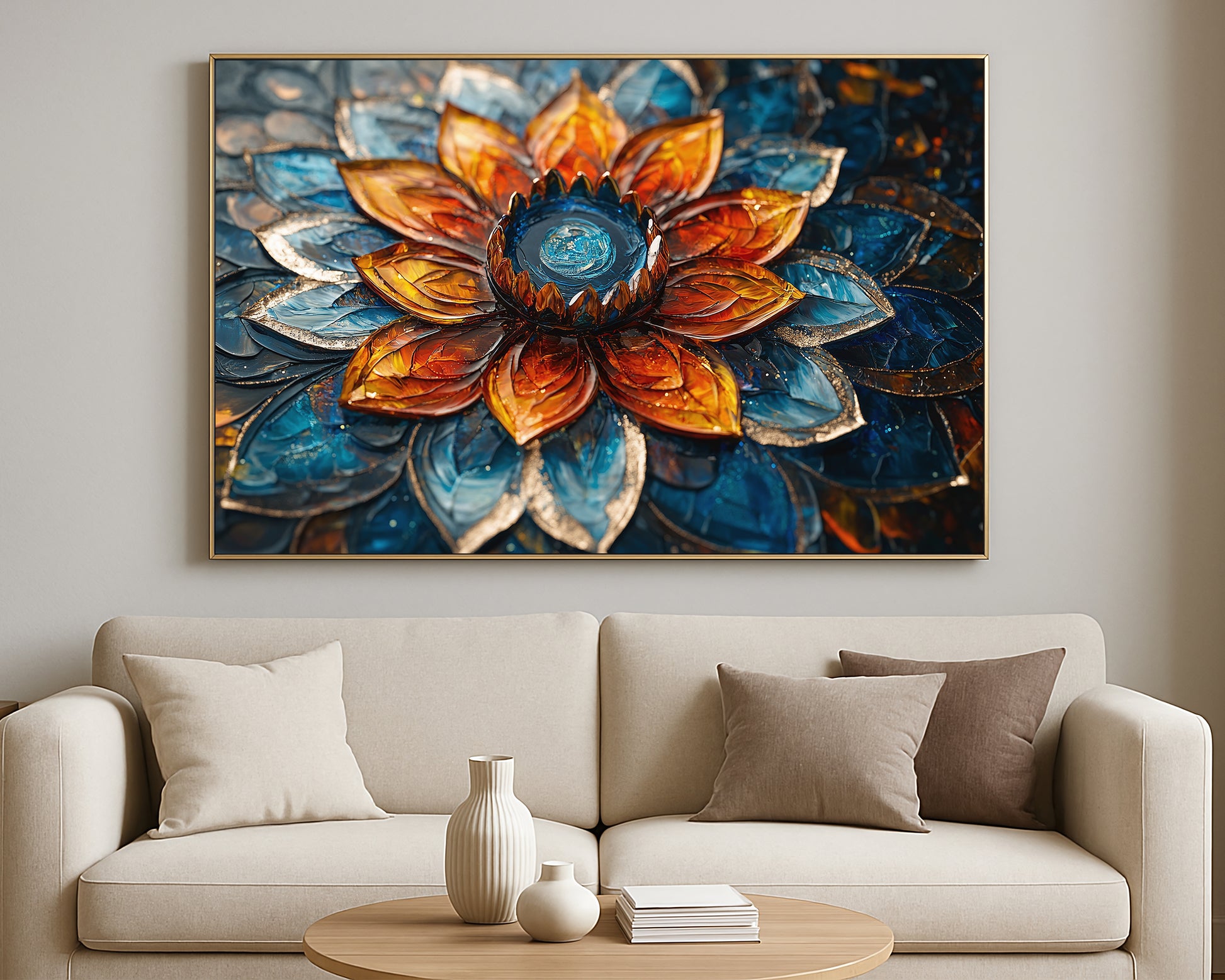 Elegant lotus painting with translucent orange petals, blue layered petals, and a reflective central detail.