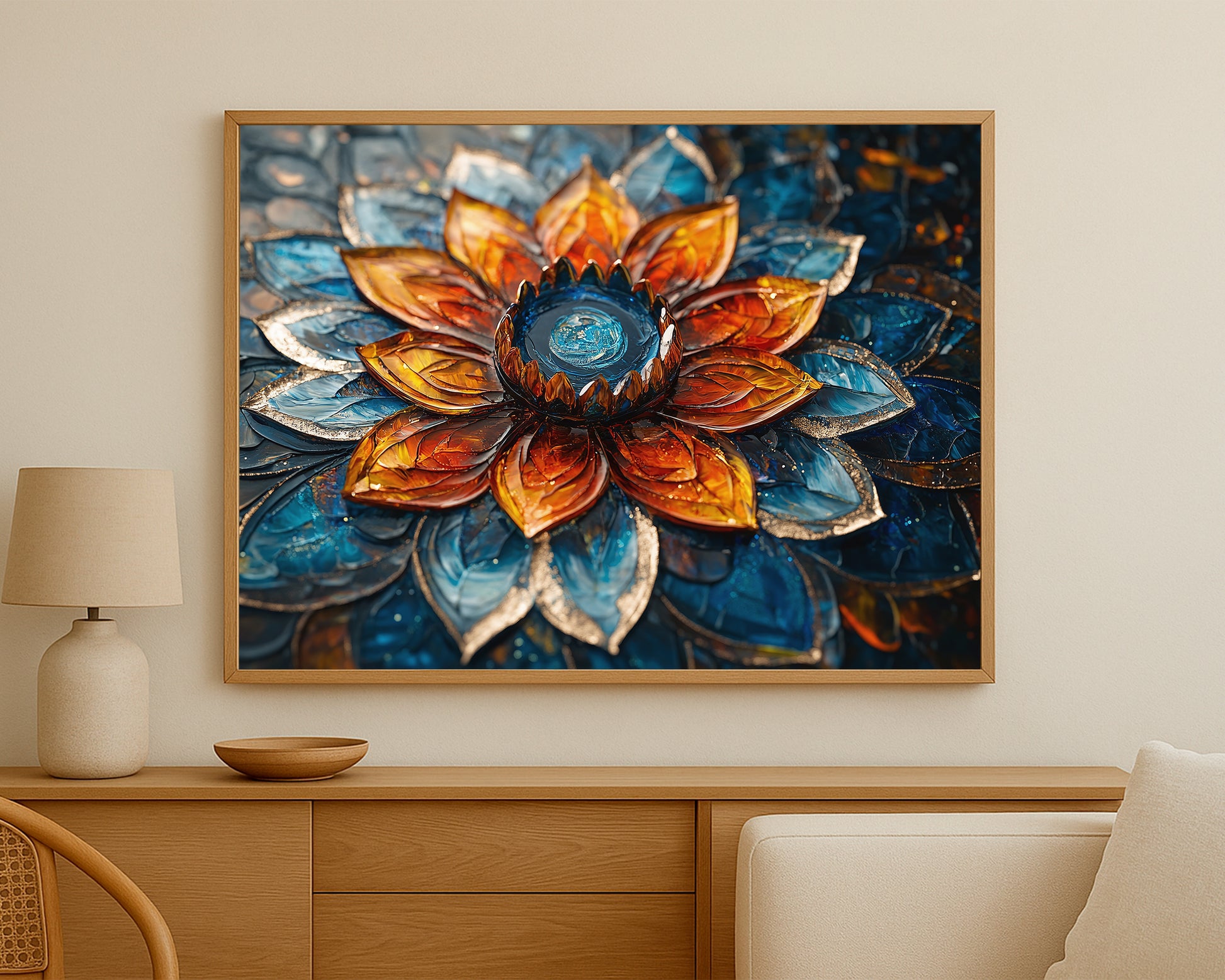Artistic lotus composition with glowing amber petals, rich blue floral layers, and a glossy center set on a moody textured backdrop.