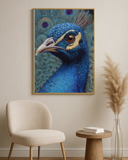 Rich peacock artwork featuring vivid blue plumage, textured teal feather background, and gold facial details.