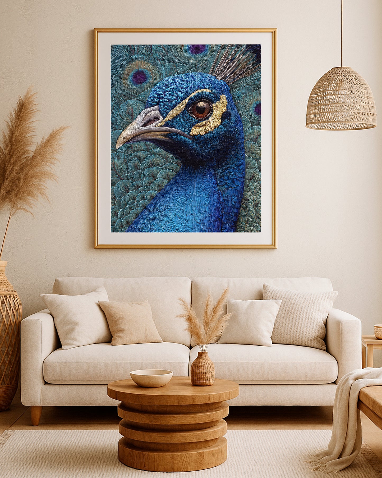 Elegant bird portrait print showing a close-up peacock head with deep blue, teal, purple, and gold tones.