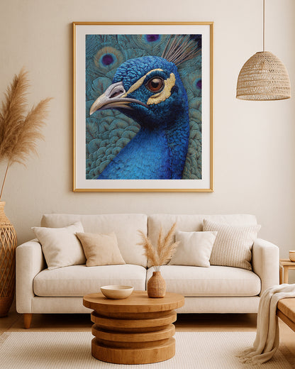 Elegant bird portrait print showing a close-up peacock head with deep blue, teal, purple, and gold tones.