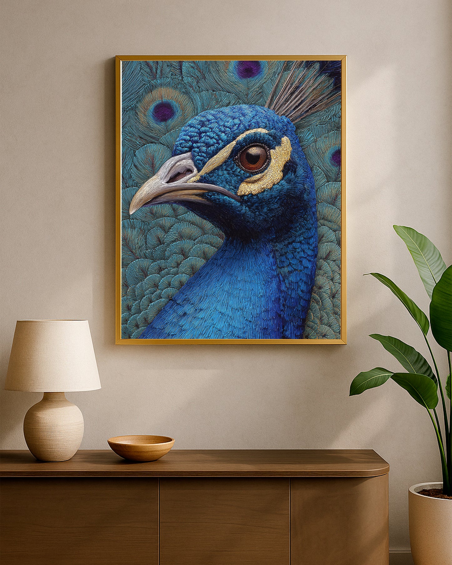 Textured peacock wall art with detailed feather pattern, dramatic blue color, and decorative gold highlights.
