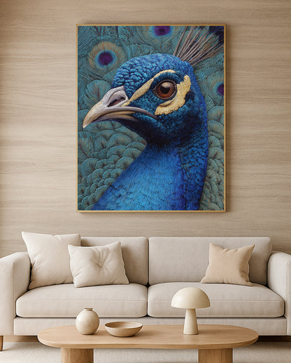 Luxury animal wall art featuring a blue peacock portrait against layered teal peacock feather textures.