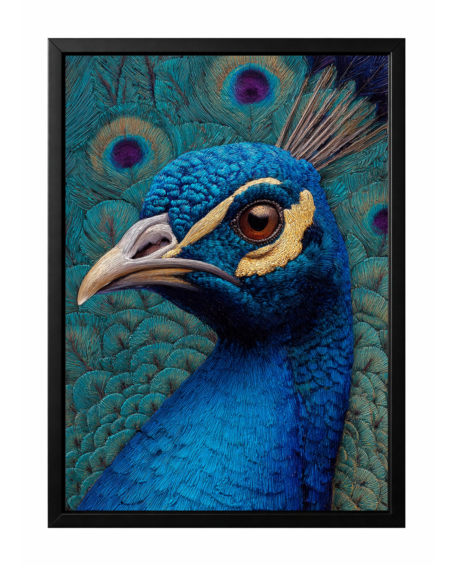 Blue peacock portrait wall art with teal feathers, detailed bird profile, and subtle gold accents.
