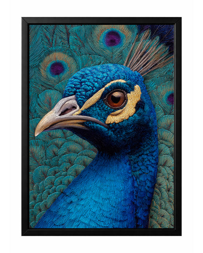 Blue peacock portrait wall art with teal feathers, detailed bird profile, and subtle gold accents.