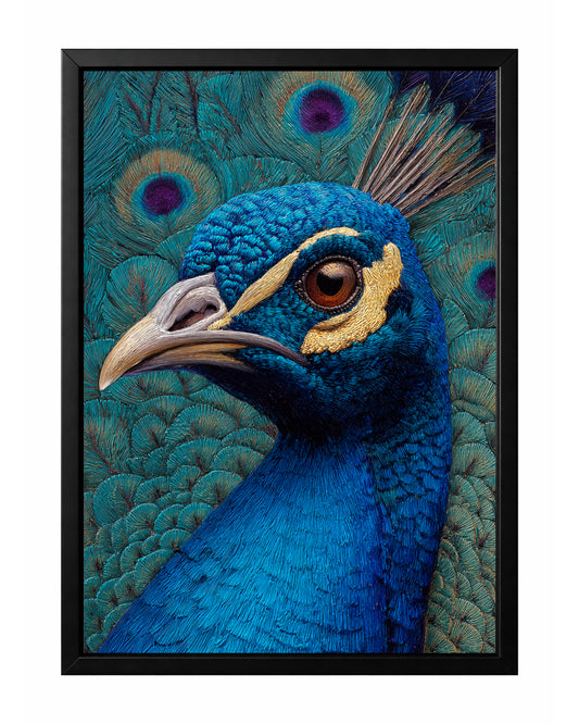 Blue peacock portrait wall art with teal feathers, detailed bird profile, and subtle gold accents.