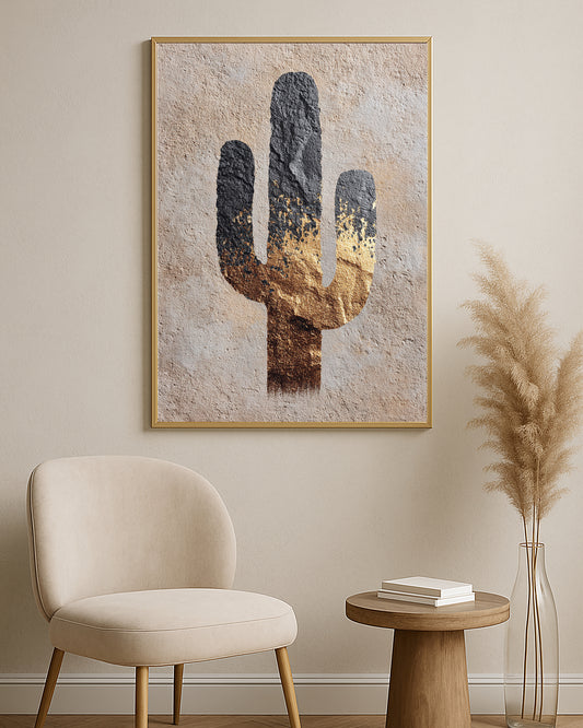Abstract desert cactus artwork featuring a bold black upper form and metallic gold lower texture.