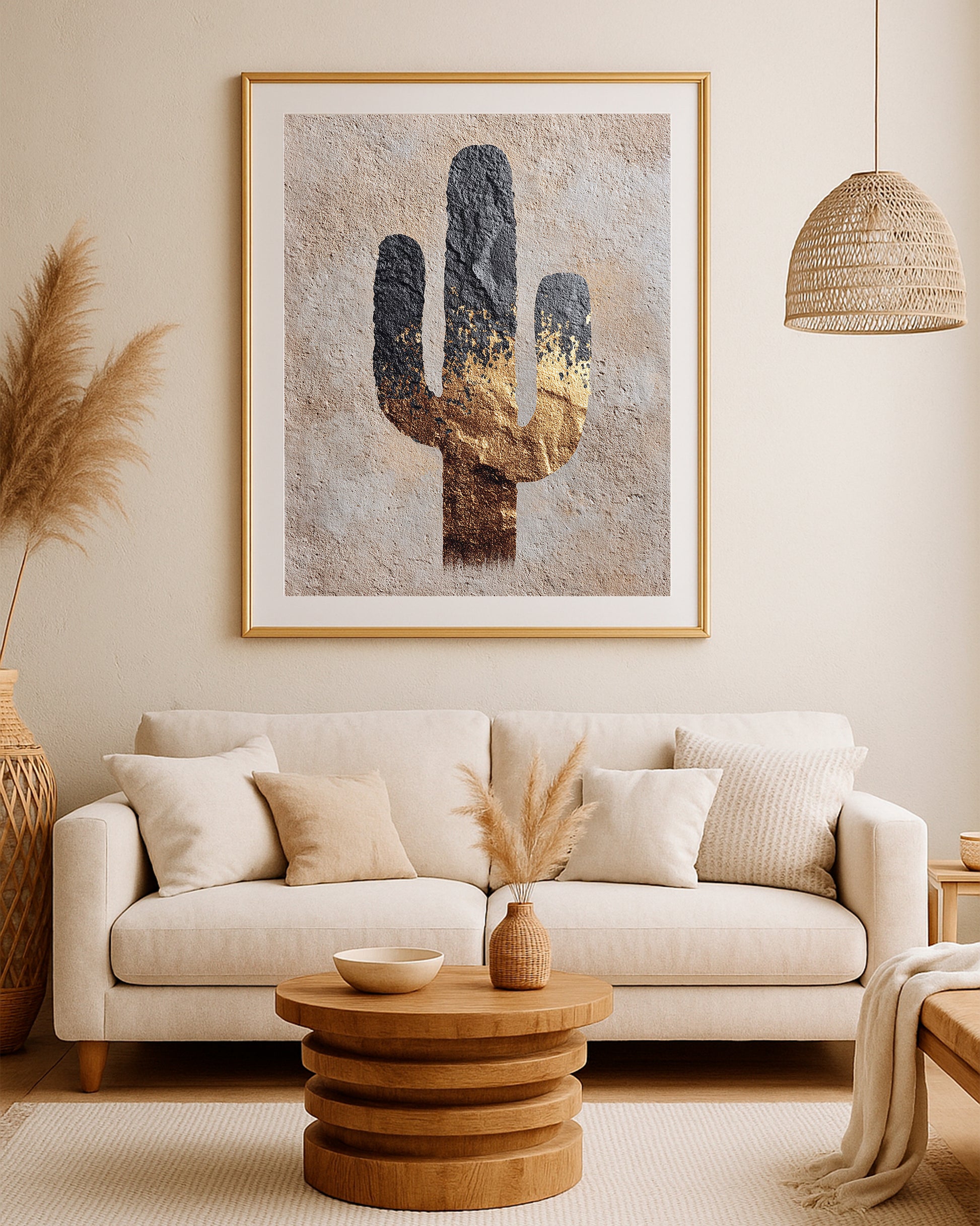 Modern cactus wall art with simple saguaro silhouette, rough beige surface, black detail, and gold accents.